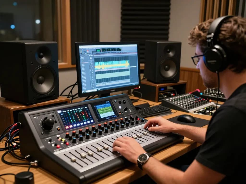 Audio engineer working on TASCAM DA88 multitrack recorder in a professional studio setting.