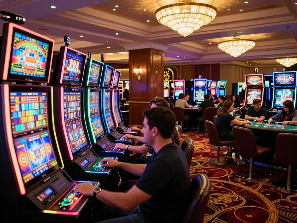 Players enjoying thrilling slot machines at TG88 casino, vibrant lights illuminating the atmosphere