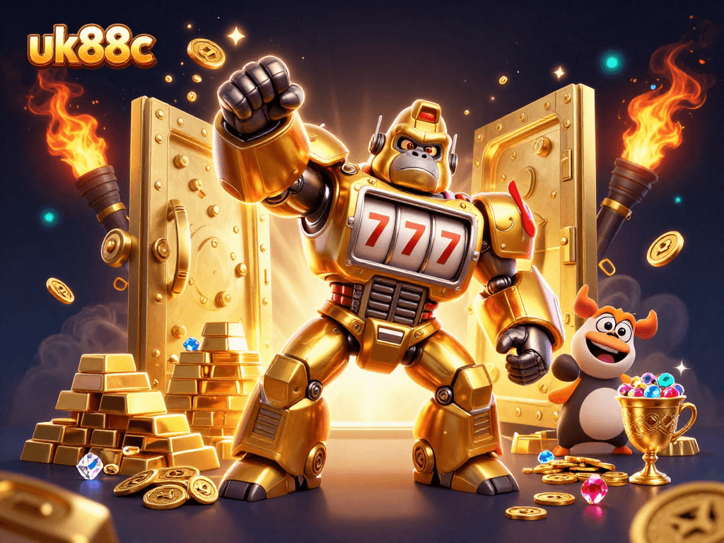 Engaging uk88c gaming scene featuring a dynamic gorilla mech and treasure elements.