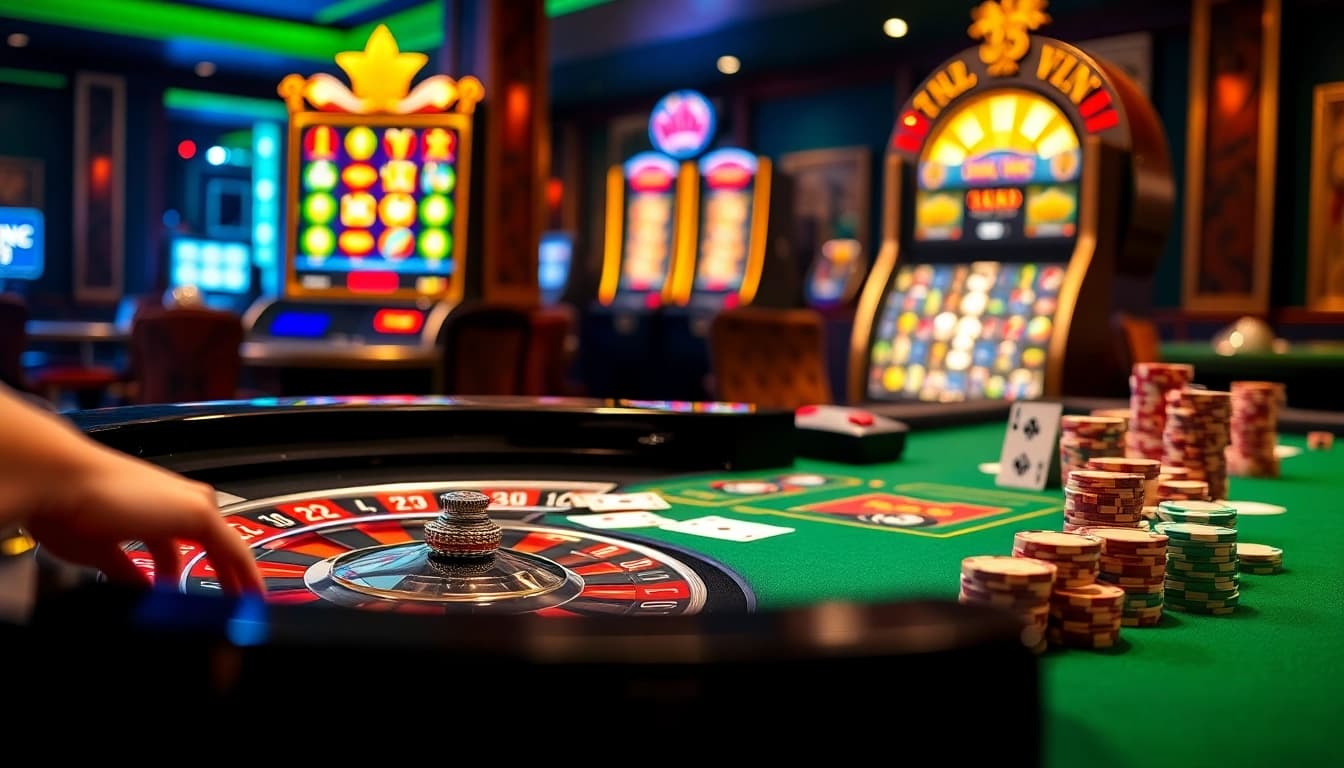 Experience excitement at 33WIN's vibrant casino scene with roulette and poker chips.