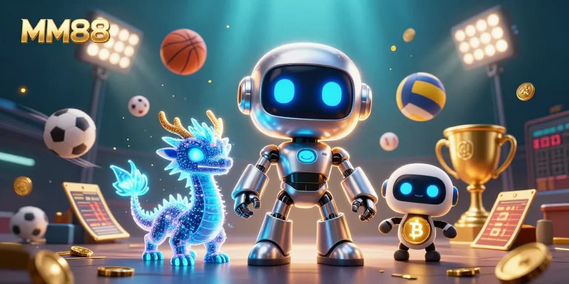 Experience MM88's diverse gaming world with a dynamic 3D illustration showcasing robots, sports, and neon elements.