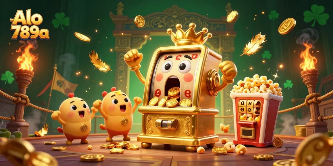 Alo 789a delivers a thrilling jackpot scene with a golden slot machine and cheering characters.