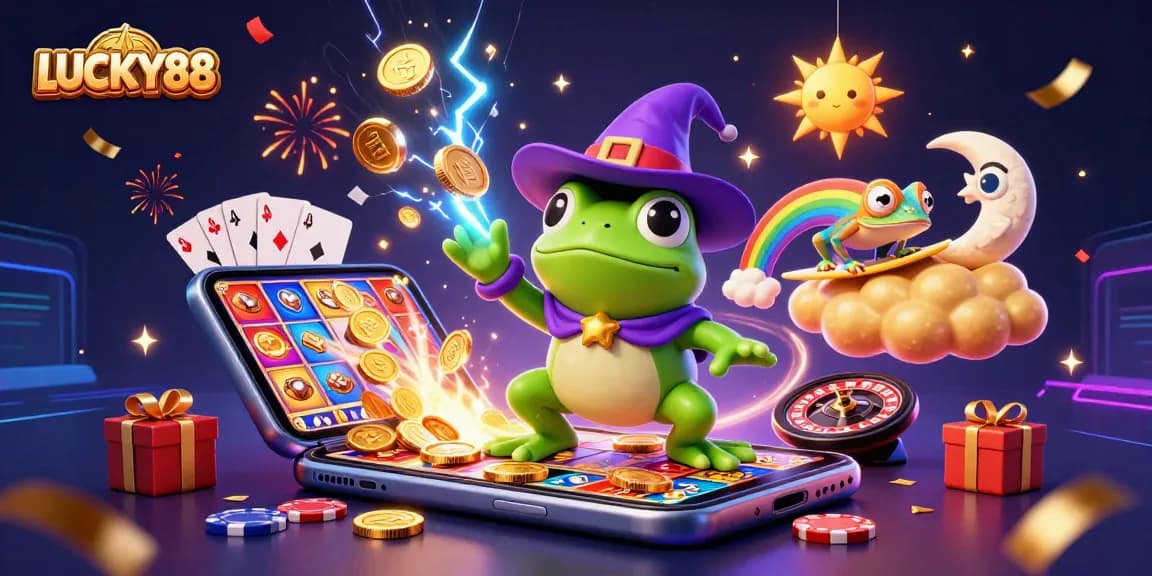 Engage with LUCKY88's thrilling atmosphere while winning rewards in colorful slot games with the wizard and chameleon!