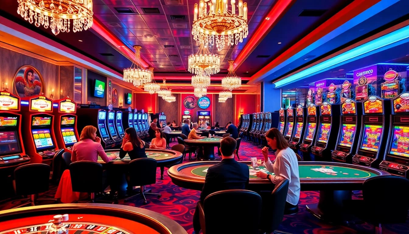 Players enjoy thrilling experiences at Trang chủ Ku88's luxurious casino environment featuring cards and slot machines.