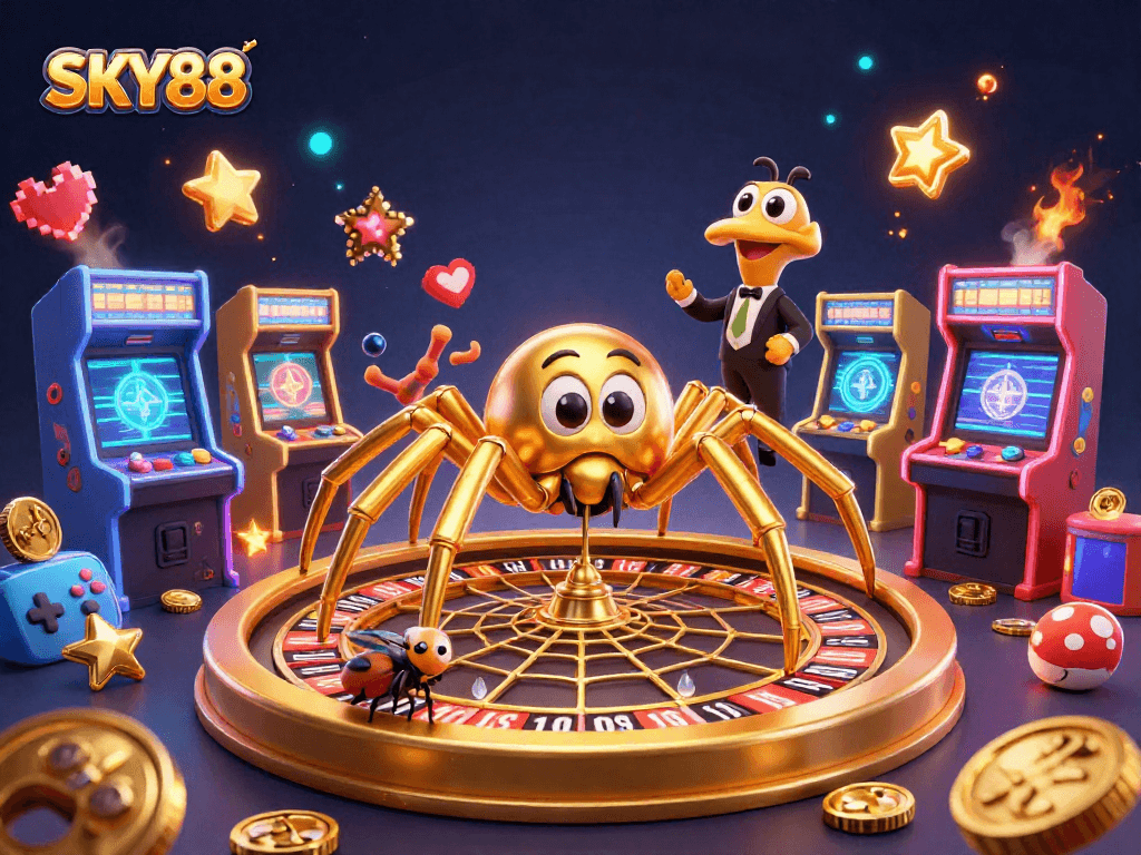 Engaging illustration of the SKY88 golden spider and centipede croupier in a vibrant casino setting, capturing excitement.