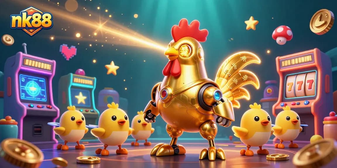 Engage with thrilling slots at nk88, featuring a vibrant golden rooster robot and dynamic baby chick drones.