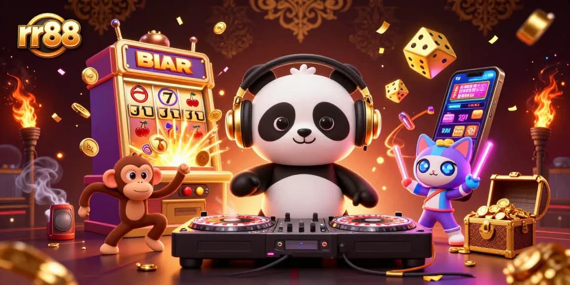 Experience rr88's excitement with a lively DJ panda, dancing monkey, and kitten amidst jackpot visuals.