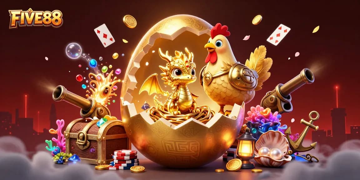FIVE88 players revel in rich 3D fantasy featuring a golden dragon amidst treasure, poker chips, and playful game elements.