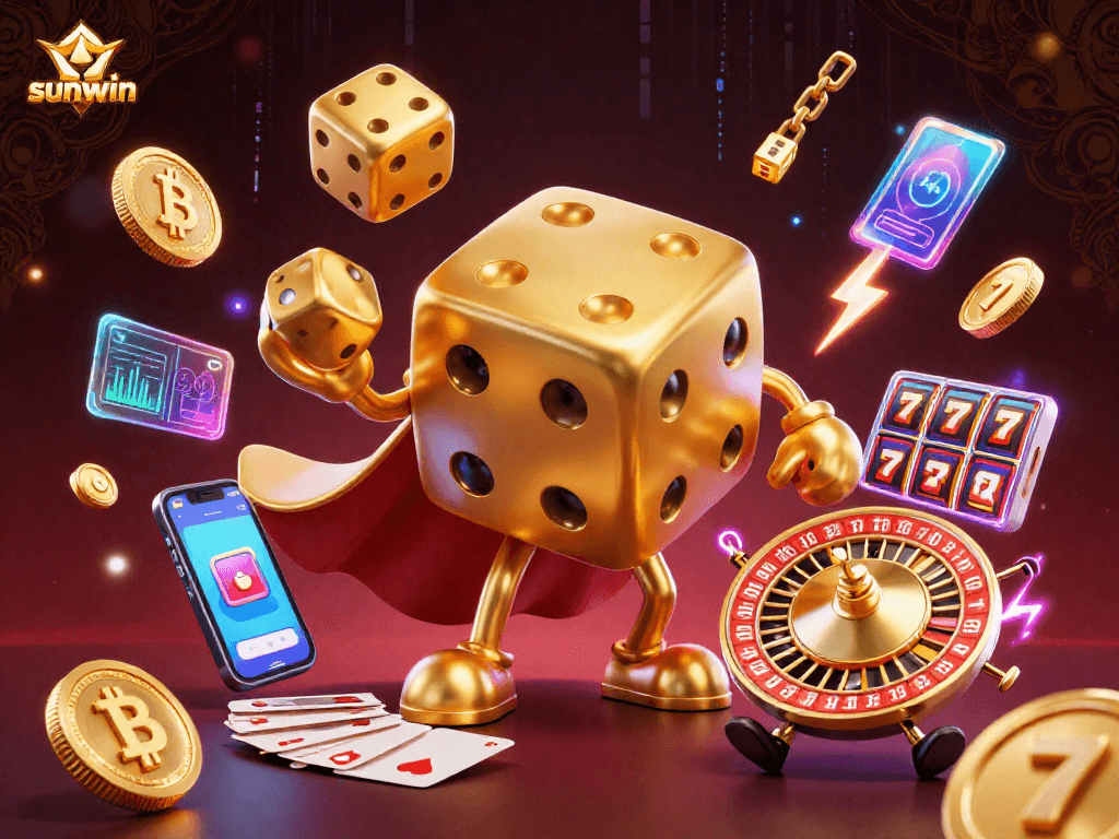 Experience winning at sunwin with a dynamic golden dice golem and crypto coins in a vibrant casino scene.
