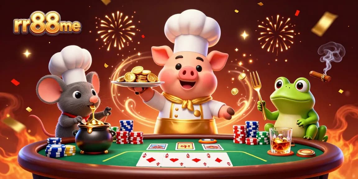 Enjoy thrilling games at rr88me with gourmet gold coins served by a cartoon chef pig.