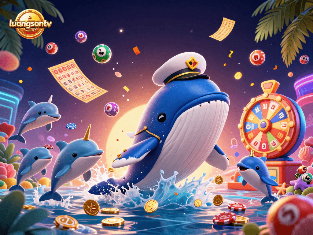 luongsontv engages players with a vibrant scene of a whale and dolphins celebrating with lottery elements.