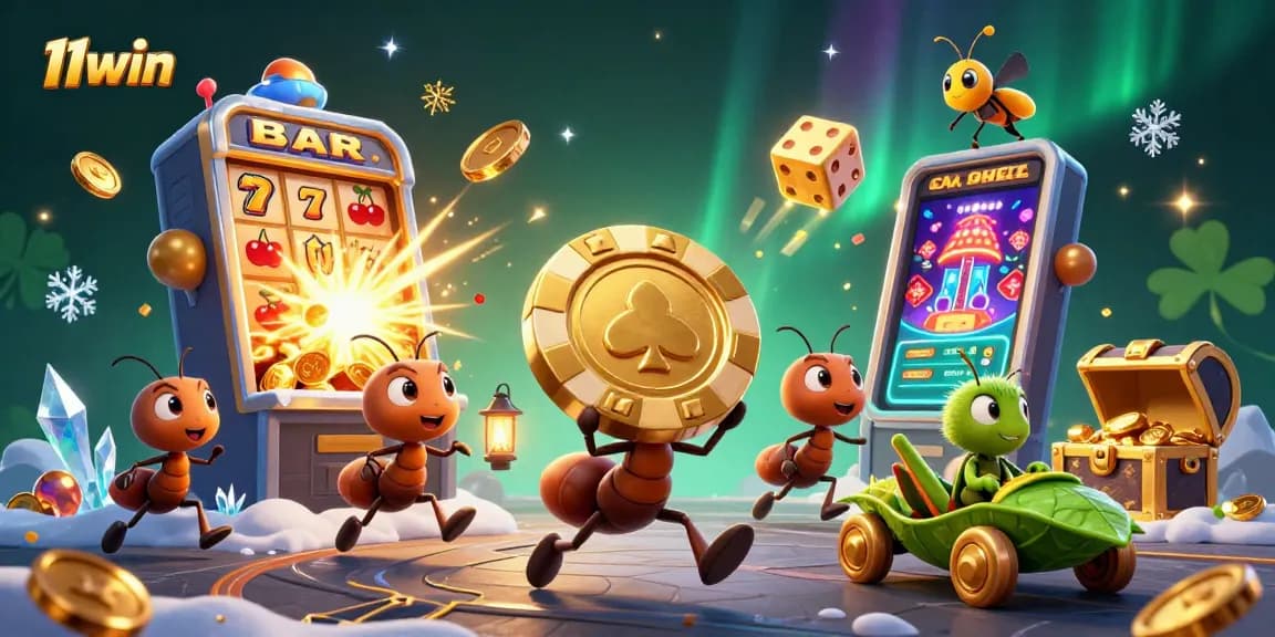 Experience the vibrant and dynamic 11win casino world with playful ants and golden chips.