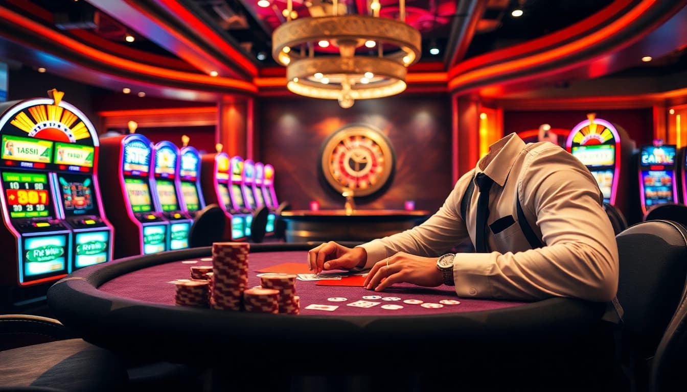Gambler winning at 23win's high-stakes poker table in a luxurious casino environment.