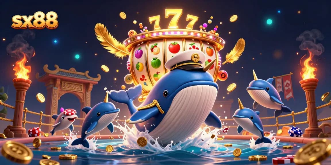 Sx88 features a vibrant 3D casino scene with a whale captain and playful dolphins capturing winning moments.