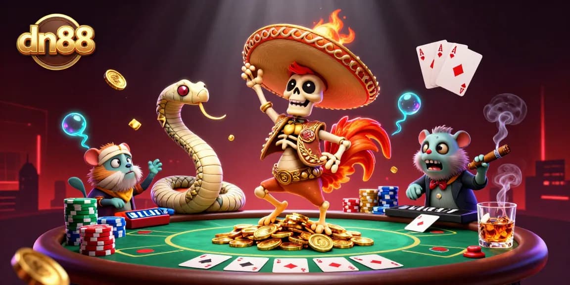 Join the excitement at DN88 with vibrant gaming action featuring a mariachi rooster and poker elements.