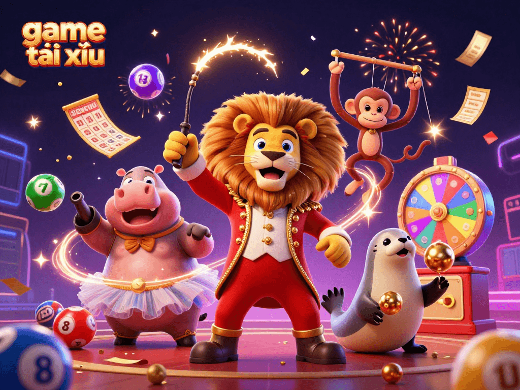 Engaging scene of game tài xỉu action with vibrant circus characters and gambling elements.