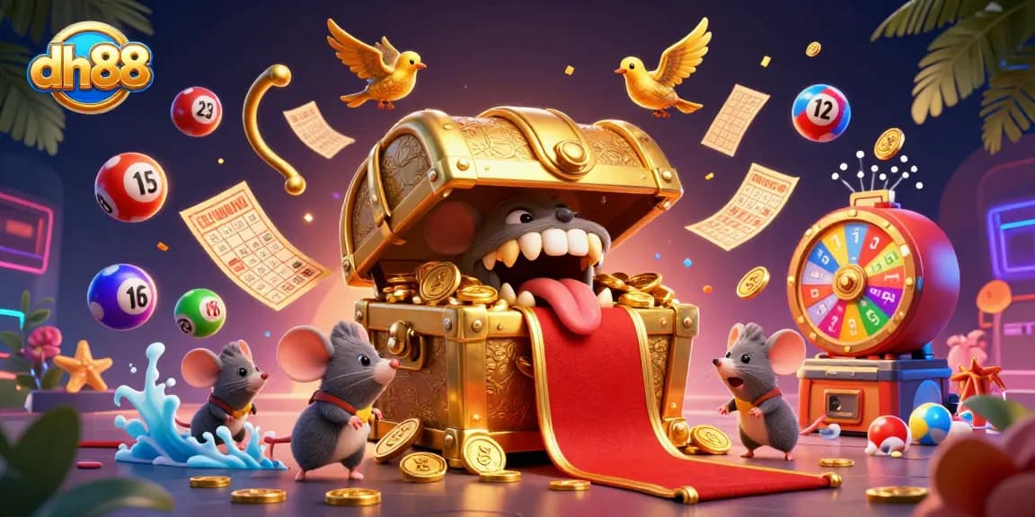 Engage with dh88's vibrant casino world, showcasing a treasure chest and exciting lottery elements.