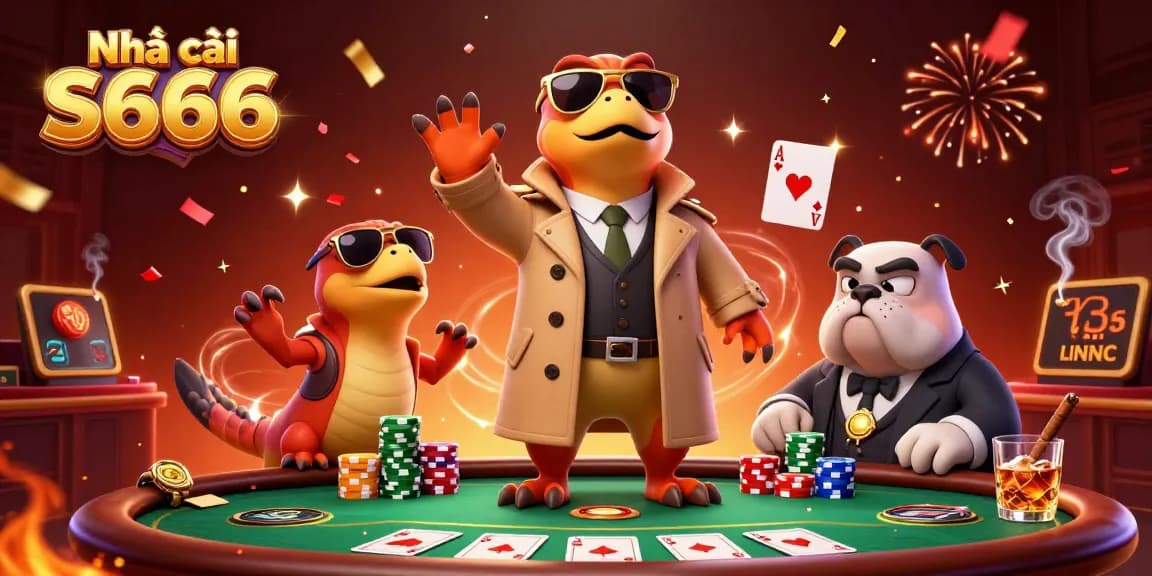 Engage with Nhà cái S666 in an exciting casino setting featuring 3D animated characters and vibrant gaming elements.