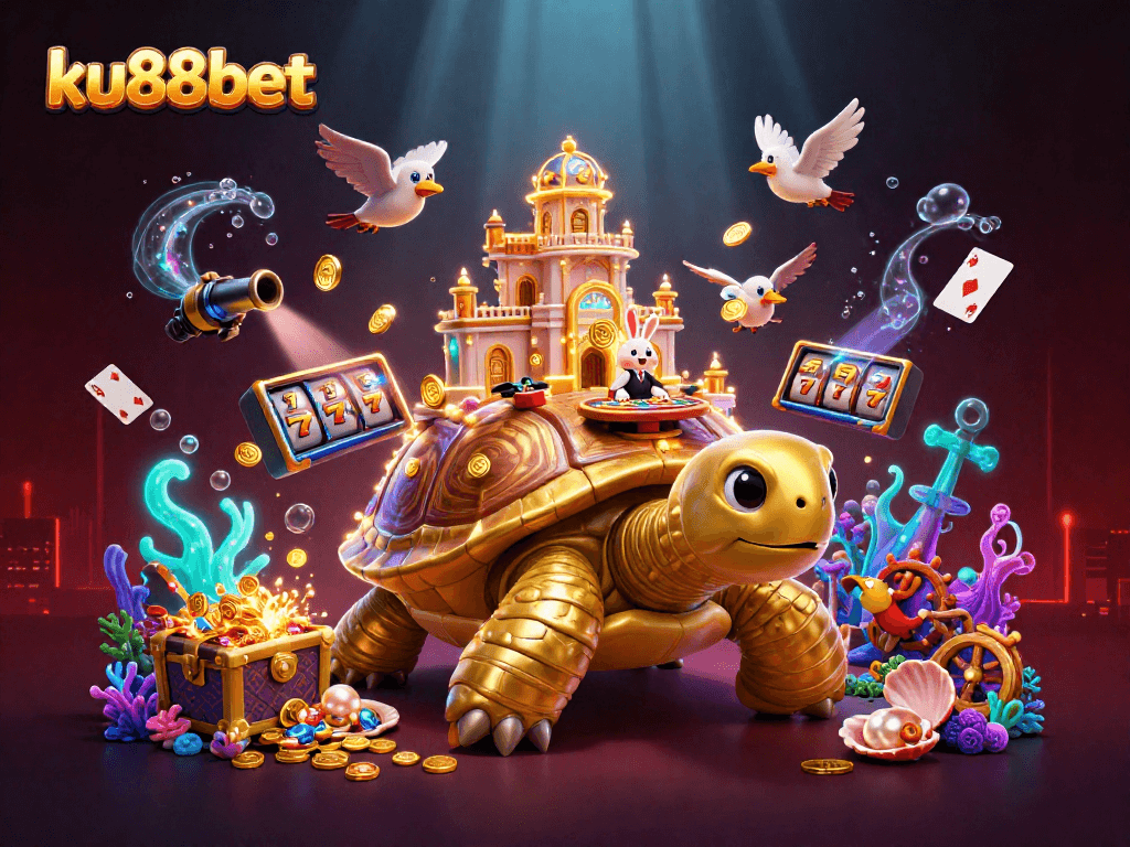 Experience thrilling gambling with ku88bet, featuring a golden tortoise casino and rabbit dealer.