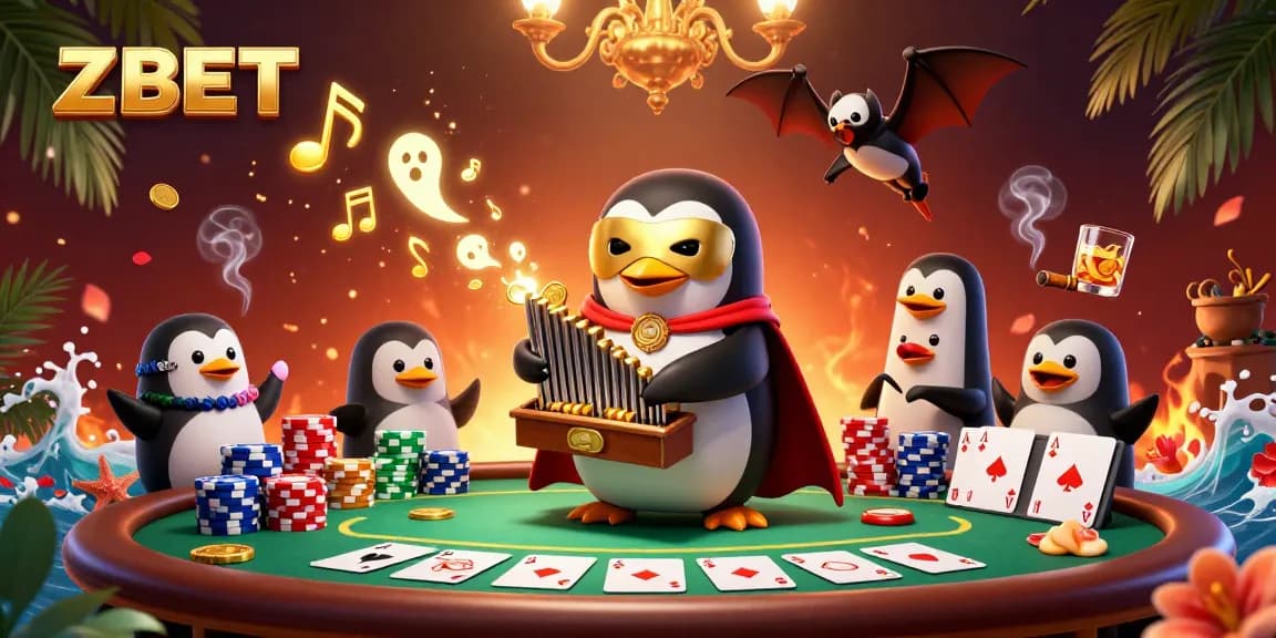 ZBET showcases a vibrant casino scene with a penguin playing an organ and golden coins flying.