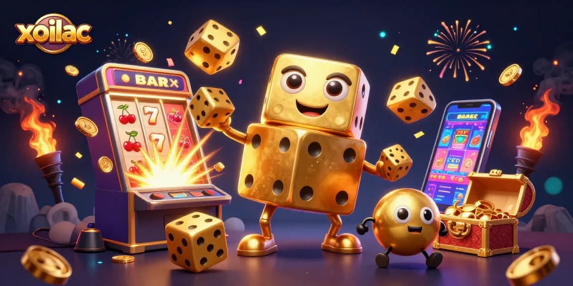 Experience the excitement with xoilac's golden dice golem and jackpot explosion in this vibrant casino scene.