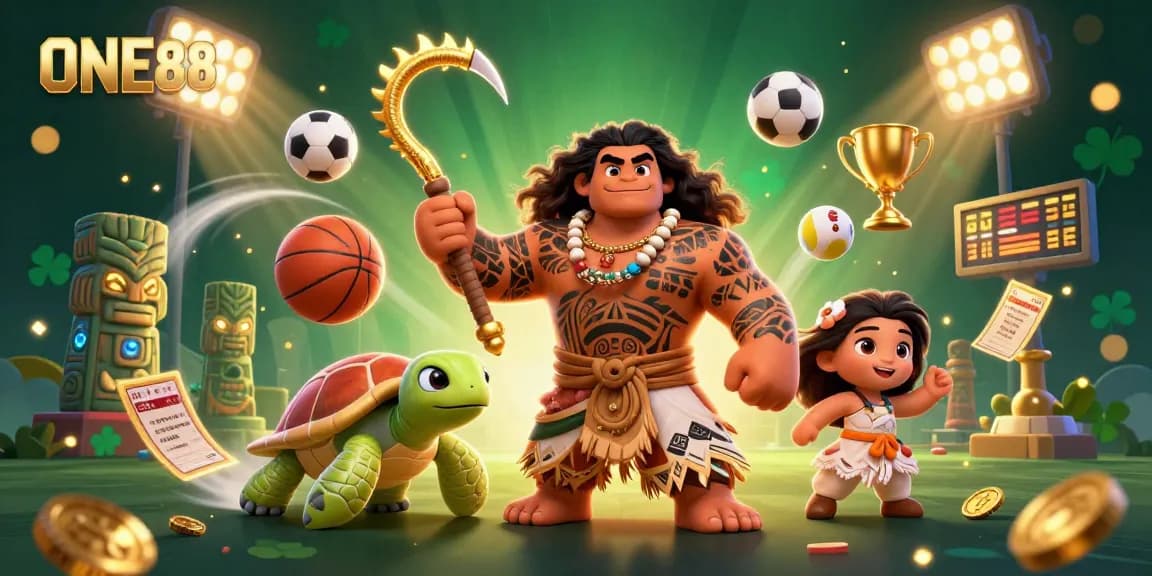 Engage with ONE88's exciting gaming features through a vibrant 3D casino scene depicting a demigod and sports elements.
