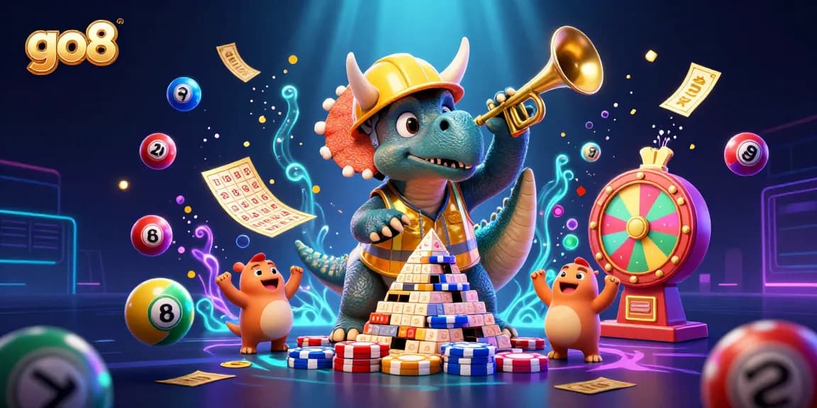 go8 brings excitement with a triceratops building poker chip pyramids in a vibrant casino scene.