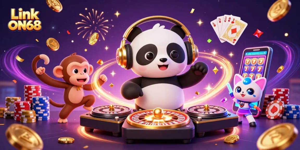 Experience the fun at Link ON68 with engaging 3D characters celebrating in a vibrant casino environment.