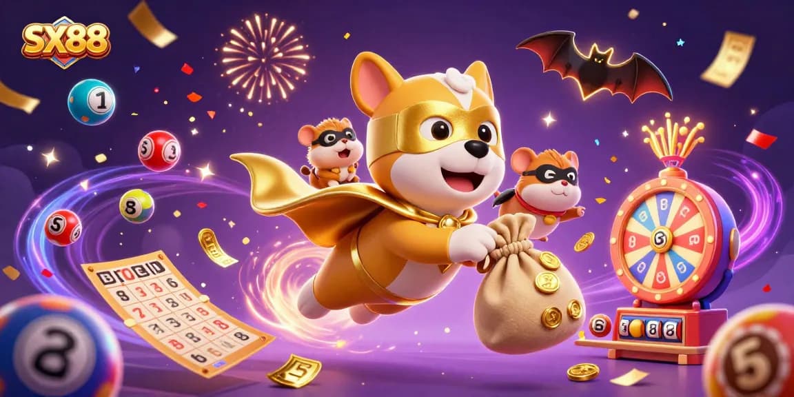 SX88 brings excitement with a superhero dog and vibrant gambling elements like lottery balls and confetti.