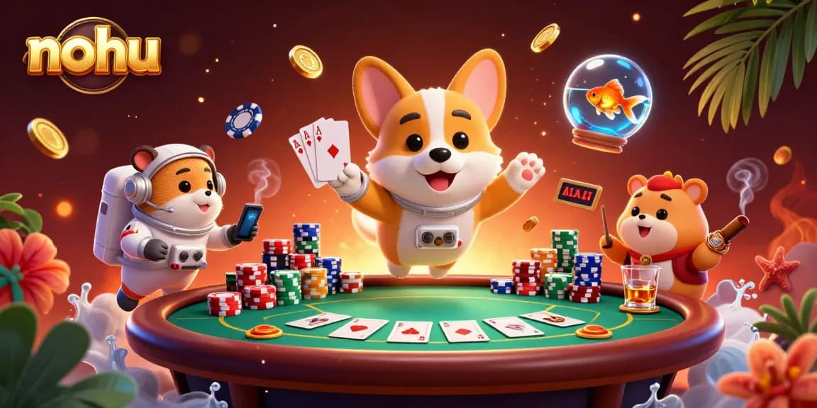 Experience thrilling nohu poker action with a floating corgi, colorful chips, and rich casino elements.