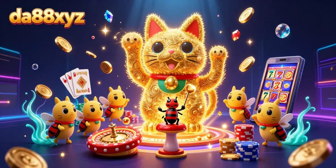 Experience the excitement of da88xyz with a dazzling lucky cat and casino symbols in action.