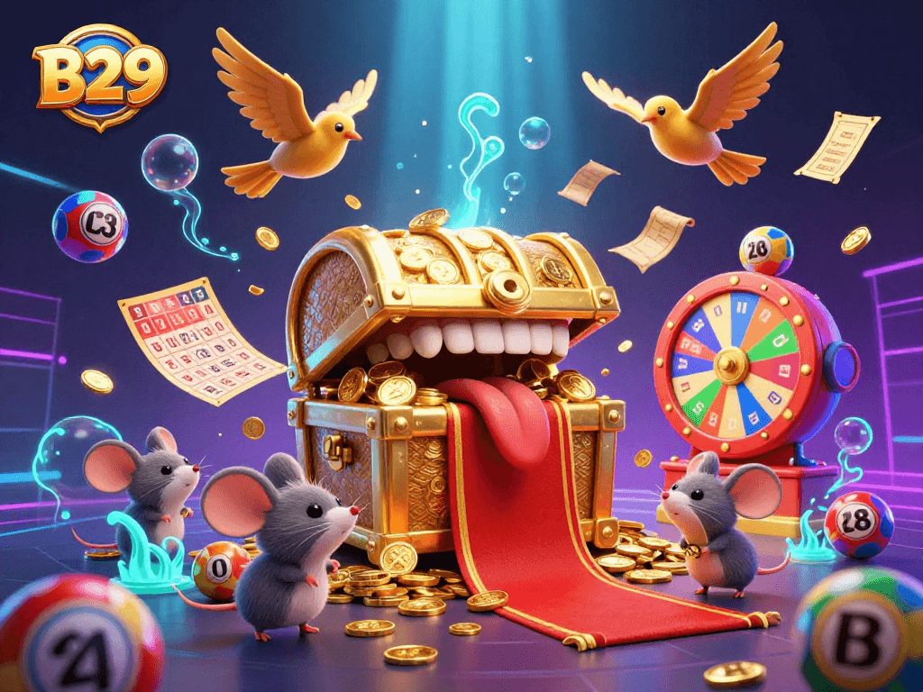 B29's dynamic scene showcases a treasure chest and games, enticing players with jackpots and excitement.