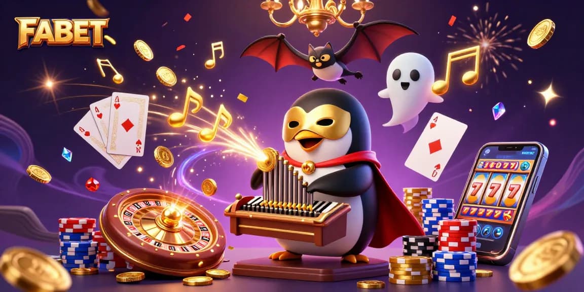 FABET showcases a vibrant casino scene with golden coins, acrobat bat, and royal flush action.