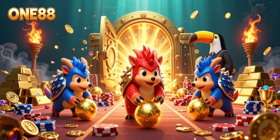 Engage in dynamic ONE88 gameplay featuring rival pangolins bowling through poker chips in a vibrant casino scene.