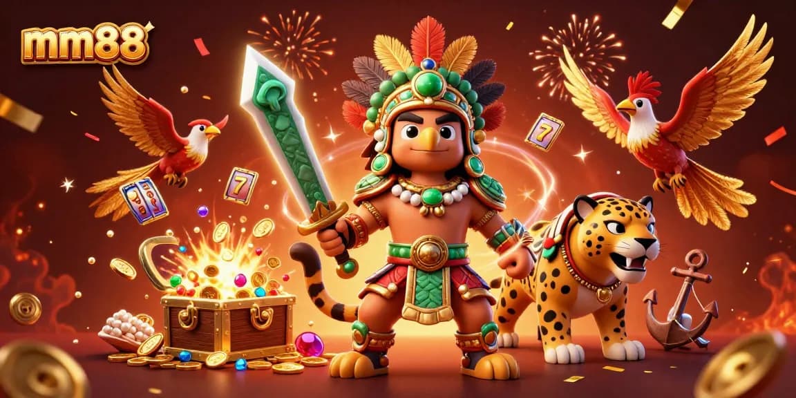 Experience thrilling slots at mm88 with a dynamic casino-themed scene featuring Aztec warriors.