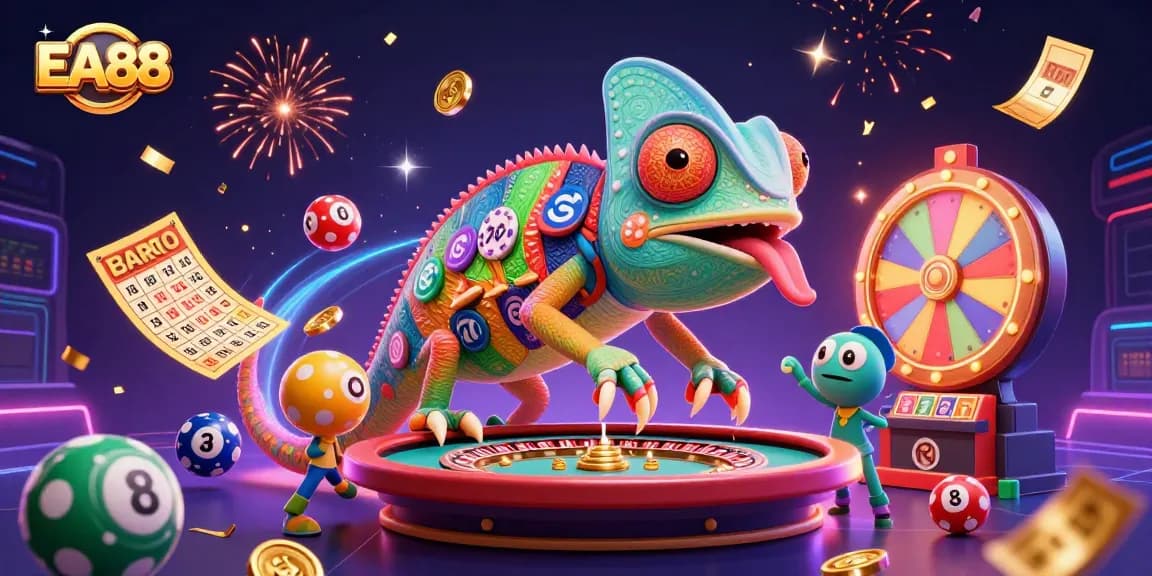 Experience exciting gaming with EA88, featuring a colorful casino scene packed with vibrant elements and action.
