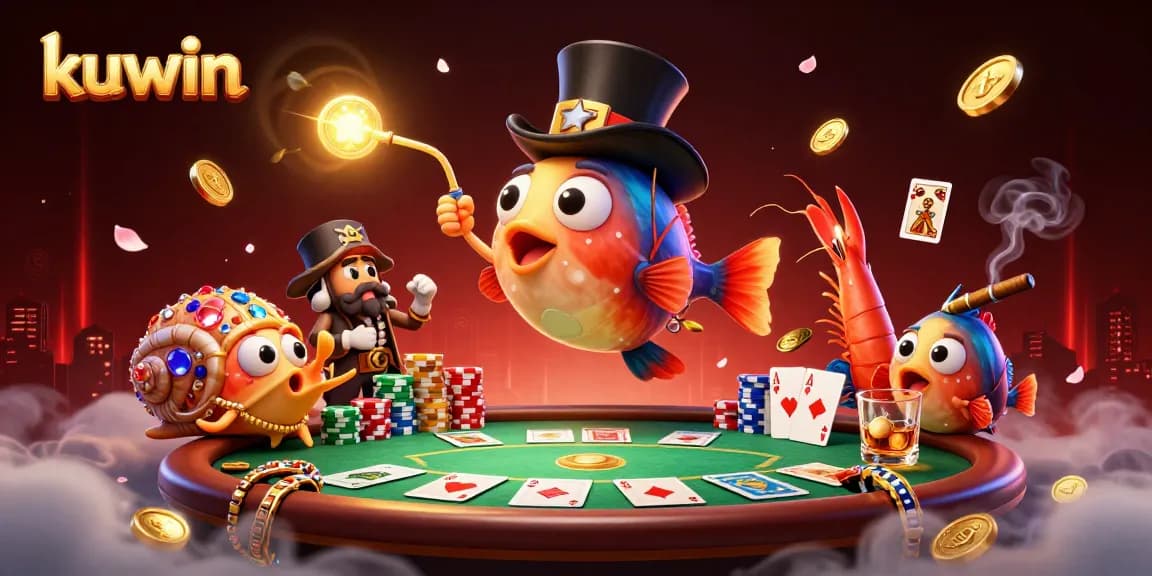 Kuwin showcases vibrant gaming action with an anglerfish and pirate shrimp engaging players at a poker table.