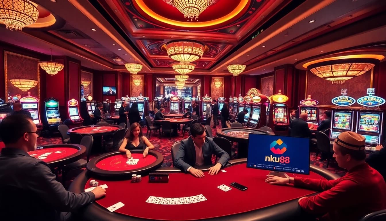 Players enjoying various games at nhà cái ku88's luxurious casino venue.