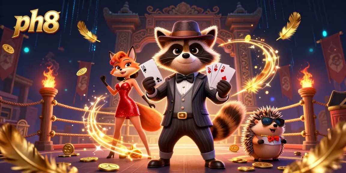 Experience excitement with ph8 in this vibrant casino scene featuring a suave raccoon, a charming fox, and a hedgehog bouncer.