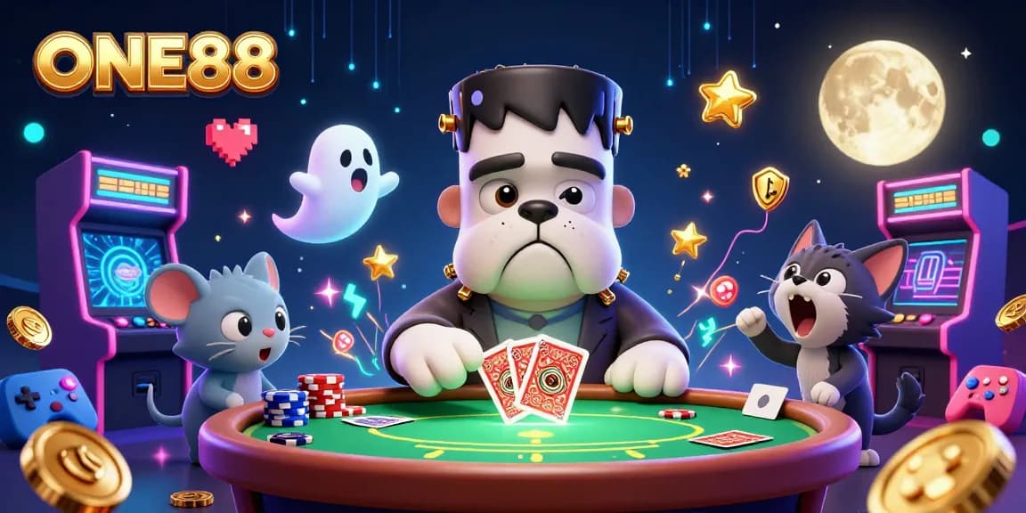 Engage with the lively poker atmosphere at ONE88 featuring whimsical characters and gaming elements.