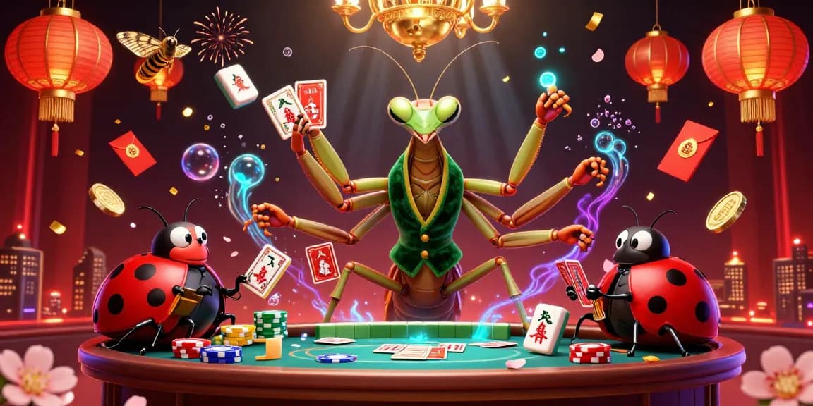 rik vip showcasing a vibrant casino scene with a giant praying mantis, ladybug pit boss and dynamic decorations.