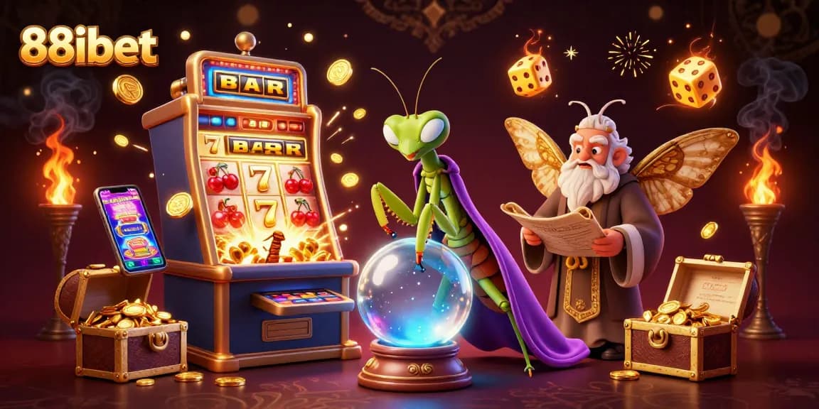 Engage with 88ibet's vibrant casino scene featuring a fortune teller and librarian amid exploding slot machines and gold coins.