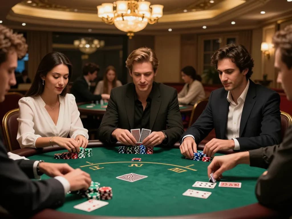 MAX88 players strategizing during an exciting poker game at a luxurious casino table.