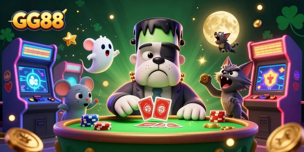 GG88 offers exciting card games at a spooky casino table featuring unique characters and vibrant animations.