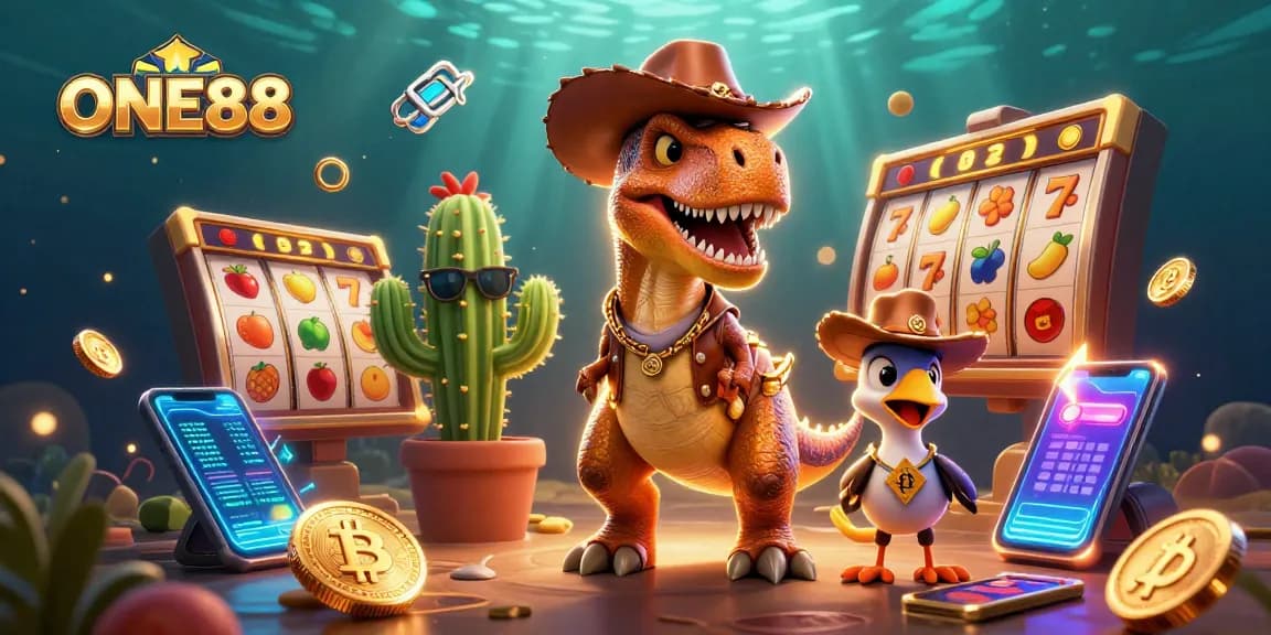 Experience thrilling casino adventures at ONE88 with slot reels and engaging characters.