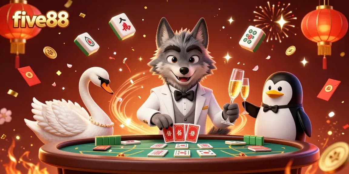 Experience excitement at five88 with a stylish wolf, swan dealer, and penguin sommelier in casino fun.