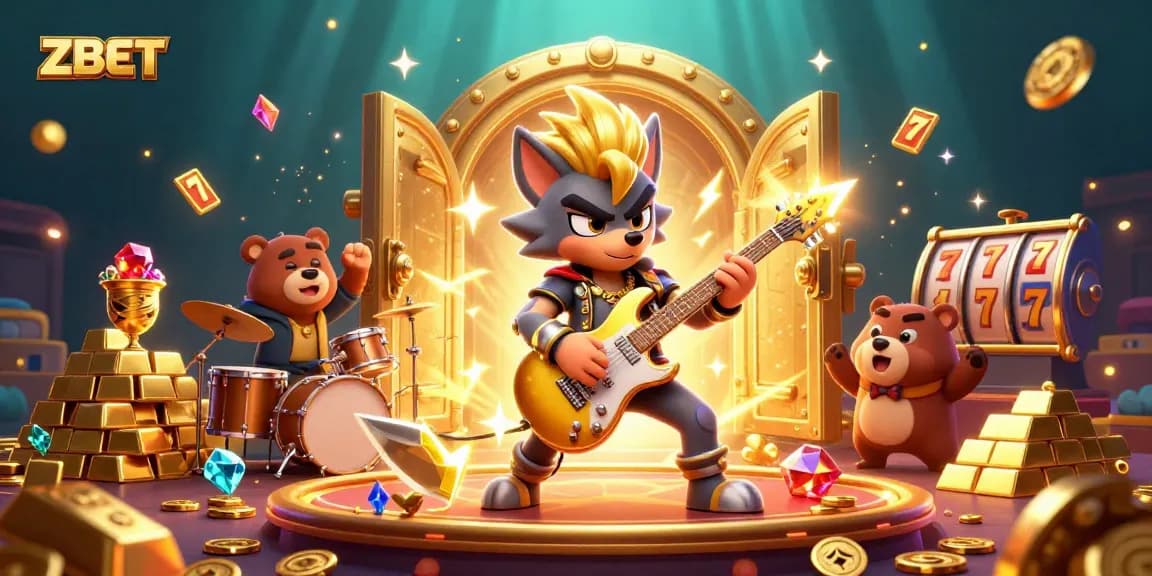 ZBET offers thrilling slot experiences with a vibrant 3D casino scene featuring a rock star wolf.