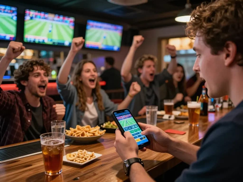 Experience U888 mobile betting excitement at a lively sports bar with friends.