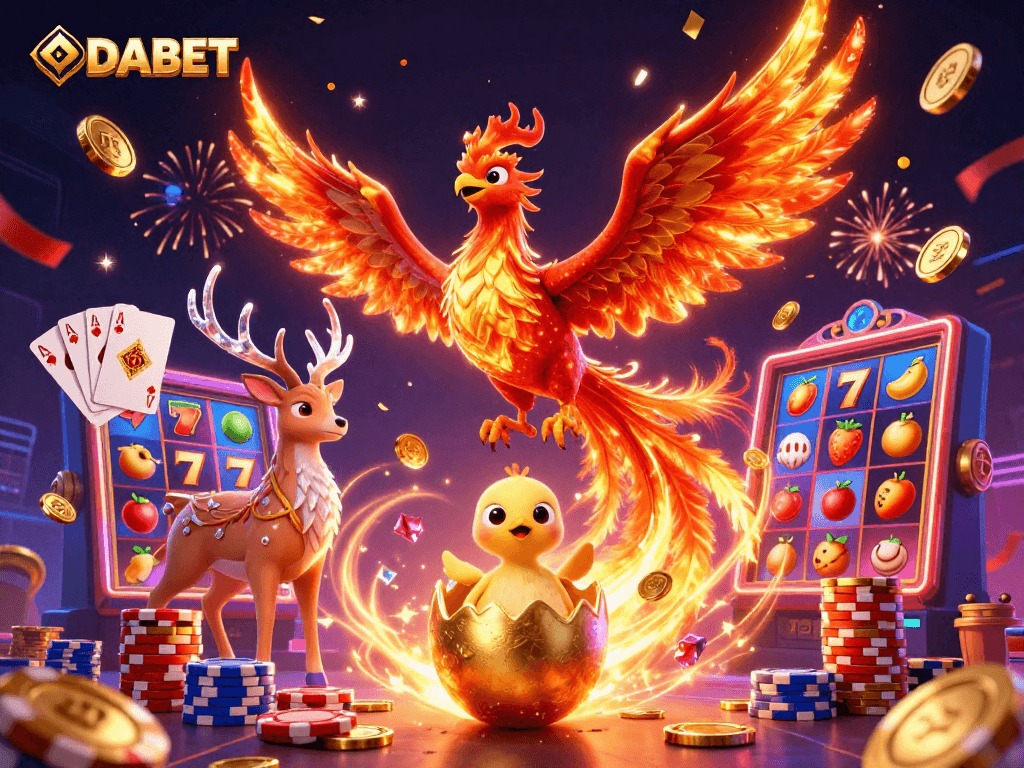 DABET slots feature vibrant phoenix illustration celebrating wins with golden coins and jackpots