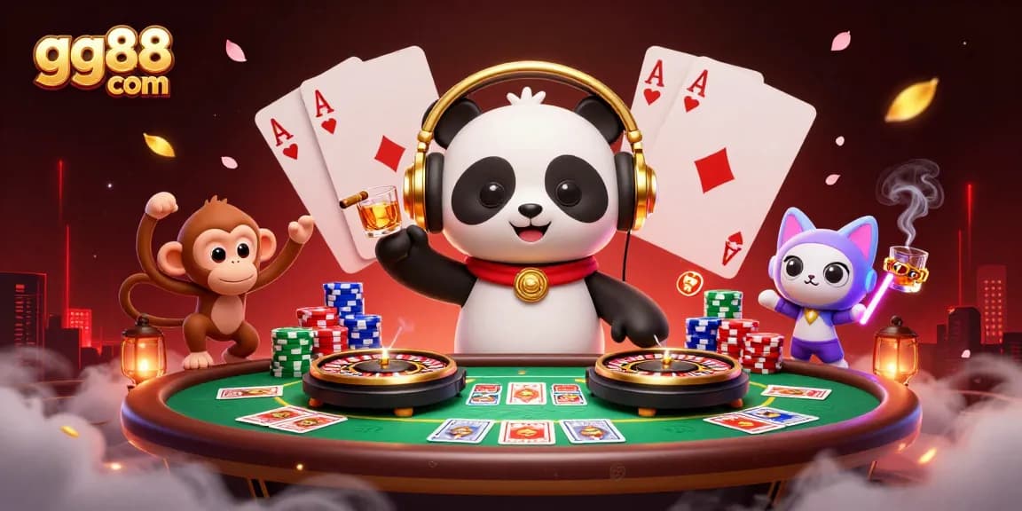 Experience thrilling action at gg88 com with a vibrant 3D casino scene featuring DJ panda and exciting poker elements.
